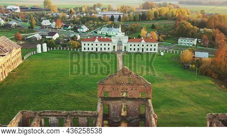 Ruzhany, Brest Region, Belarus. Cityscape Skyline In Autumn Sunny Evening. Birds-eye View Of Ruzhany