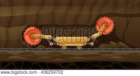 Mining Miner Cartoon Composition With Subsurface Scenery And Automated Grinder On Rail Rotating Whee