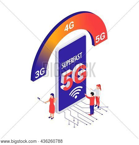 Superfast 5g Internet Concept With Smartphone And People 3d Isometric Vector Illustration