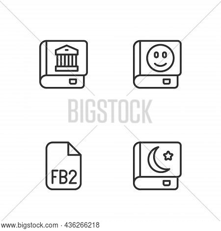 Set Line Holy Book Of Koran, Fb2 File, Law And Book Icon. Vector