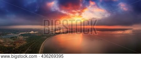 Dramatic Colorful Sunset Over Kyiv Sea In Vyshgorod, Ukraine, Travel Background. Big Panorama From D