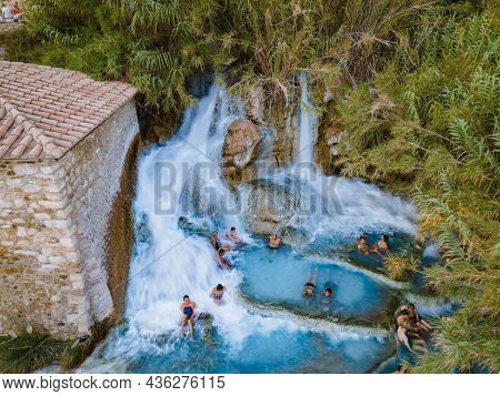 Toscane Italy August 2021, Natural Spa With Waterfalls And Hot Springs At Saturnia Thermal Baths, Gr