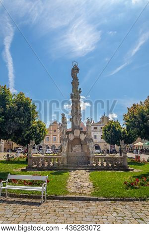 Telc, Czech Republic - 07 06 2021: The Marian Plague Column In The Main Square - Zacharias Of Hradec