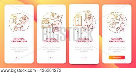 Deportation Types Red Onboarding Mobile App Page Screen. Immigration Problems Walkthrough 4 Steps Gr
