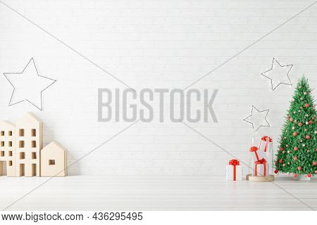 Empty Wall With Christmas Decoration. 3d Rendered.