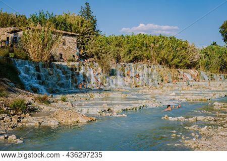 Toscane Italy August 2021, Natural Spa With Waterfalls And Hot Springs At Saturnia Thermal Baths, Gr
