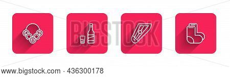 Set Line Russian Bagels, Bottle Of Vodka With Glass, Kankles And Valenki With Long Shadow. Red Squar