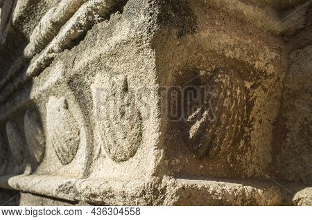 Church Of Santiago. Carved Shells Outdoors, Symbol Of Saint James. Caceres, Extremadura, Spain