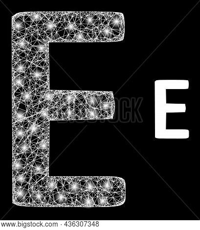Bright Mesh Vector Epsilon Greek Symbol With Glare Effect. White Mesh, Flash Spots On A Black Backgr