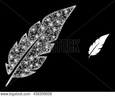 Magic Mesh Vector Feather With Glare Effect. White Mesh, Bright Spots On A Black Background With Fea