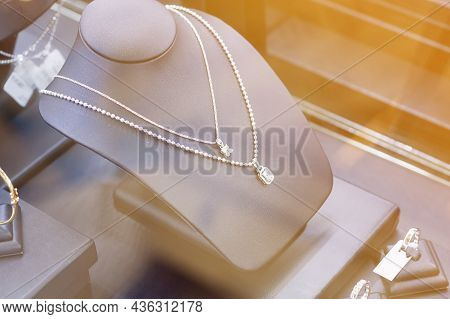 Jewelry Diamond Necklace In Jewelry Shop Store Window Display Showcase, Jewelry Diamond