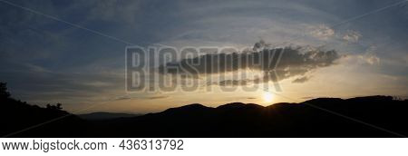 Stunning Panoramic View: Wonderful Winter Sunset Scenery  In The Austrian Mountains In Lower Austria