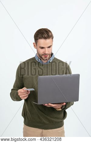 Man Businessman Hold Credit Card And Laptop For Paying Online Isolated On White, Online Shopping.