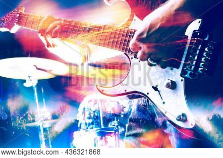 Instrument On Stage And Music Band. Playing Guitar And Rock Concert Concept
