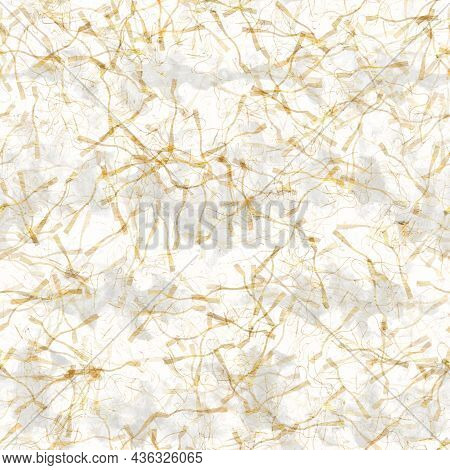 Handmade White Gold Metallic Rice Sprinkles Paper Texture. Seamless Washi Sheet Background. Sparkle 