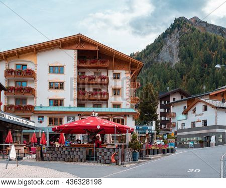 Samnaun, Switzerland - September 28, 2021: Townscape Of Samnaun With Duty Free Shops, Restaurants An