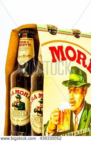 6 Pack Of Birra Moretti Beer. Illustrative Editorial Photo Bucharest, Romania, 2021