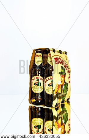 6 Pack Of Birra Moretti Beer. Illustrative Editorial Photo Bucharest, Romania, 2021