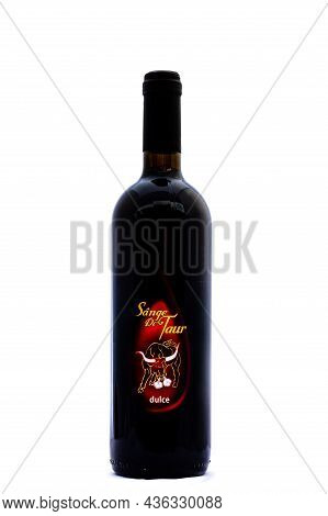 Bottle Of Sange De Taur Wine Isolated On White. Illustrative Editorial Photo Shot In Bucharest, Roma