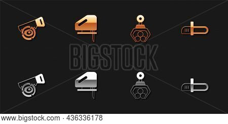 Set Hand Saw And Log, Electric Jigsaw, Grapple Crane Grabbed And Chainsaw Icon. Vector