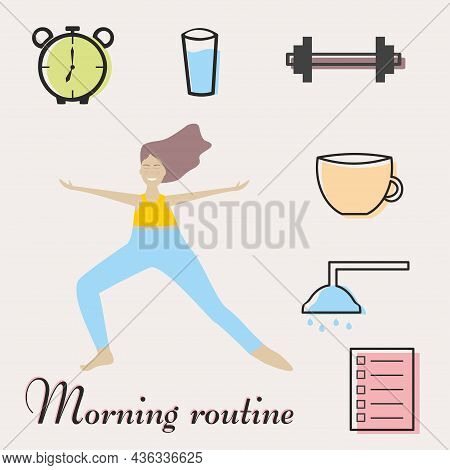 A Young Girl Does Her Morning Routine Including Waking Up, Yoga Practice, Drinking Water, Exercising