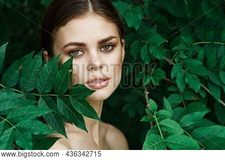 Beautiful Woman Green Leaves Clean Skin Nature Summer Lifestyle