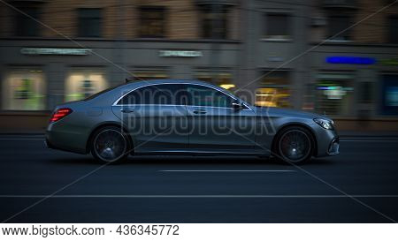 Moscow, Russia - October 2021: Evening Traffic On The City Streets. Gray Mercedes-benz W222 S-class 