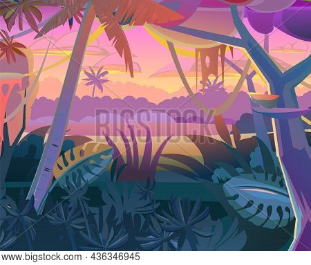 Jungle Creepers. Dense Thickets. Morning Sunrise Dawn Or Evening Sunset. View From The Forest. South
