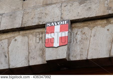 Savoie Logo Text Sign Flag France Region With White Red Savoyard Coat Of Arms On Wall Building