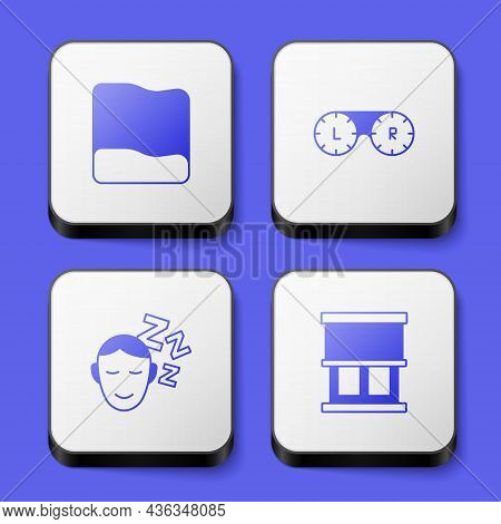 Set Pillow, Contact Lens Container, Dreams And Window With Curtains Icon. White Square Button. Vecto