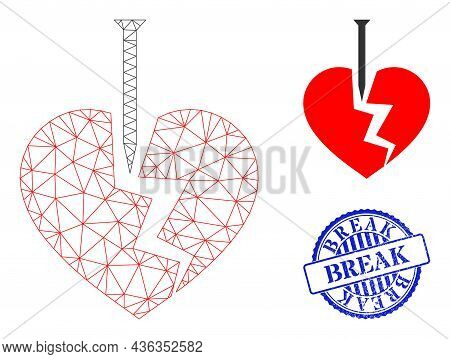 Web Mesh Break Valentine Heart Vector Icon, And Blue Round Break Rough Stamp Seal. Break Seal Uses R