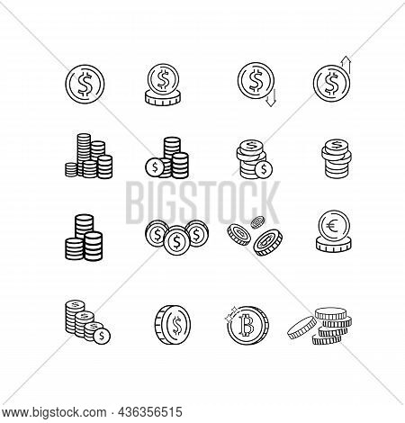 Coin Related Vector Icon Set. Well-crafted Sign In Thin Line Style With Editable Stroke. Vector Symb