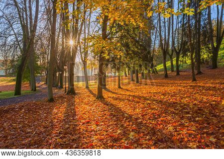 Lithuania Nature At Autumn. Beautiful Lithuanian Landscape In Autumn. Colorful Autumn Landscape In B