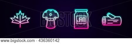 Set Line Canadian Maple Leaf, Mushroom, Jam Jar And Wooden Log. Glowing Neon Icon. Vector