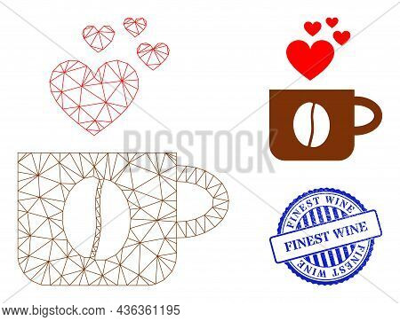 Web Net Love Coffee Cup Vector Icon, And Blue Round Finest Wine Scratched Stamp Imitation. Finest Wi