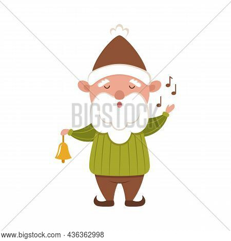 Little Gnome Carols With A Bell. Happy Santa Helper In A Cute Winter Hat And Green Sweater. Christma