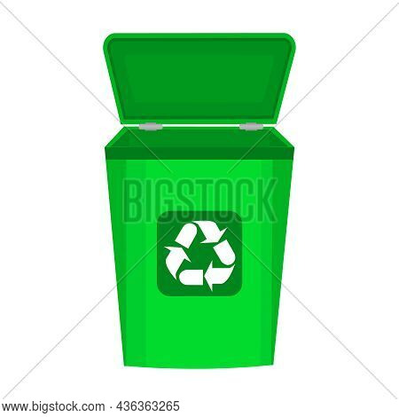 Recycle Bin Isolated On White Background. Empty Rubbish Container With Reuse Use Sign. Blank Green T
