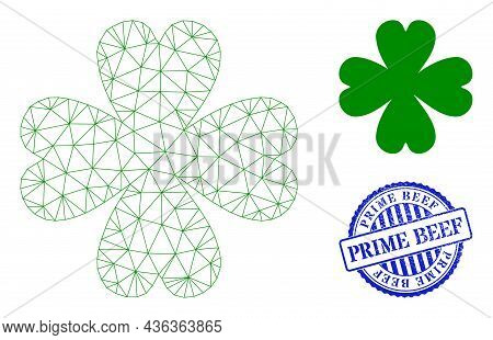 Web Net Four Leaf Clover Vector Icon, And Blue Round Prime Beef Corroded Badge. Prime Beef Stamp Use