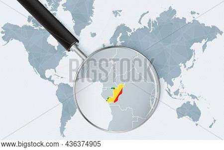 World Map With A Magnifying Glass Pointing At Congo. Map Of Congo With The Flag In The Loop. Vector 