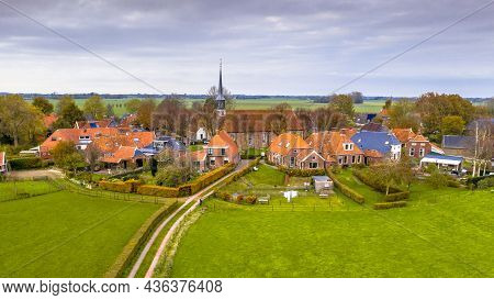Aerial View Of Streets In Hamlet Of Niehove Historical Dwelling Mound Village, Groningen Province, T