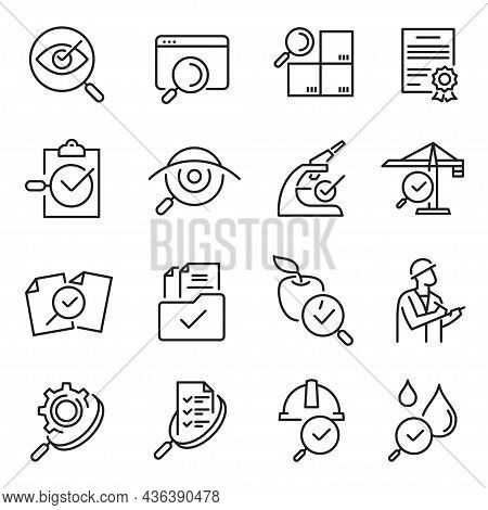 Monochrome Outline Inspection Line Icon Set Vector Illustration Checking, Testing, Examination