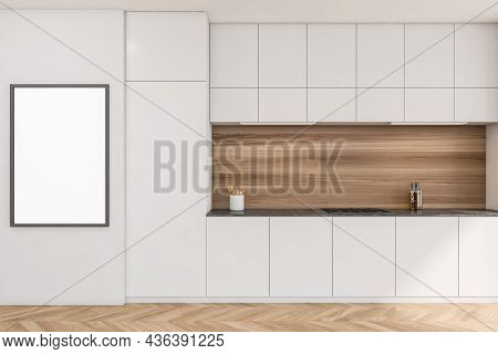 Empty Mockup Frame On Wall Next To Simplified Kitchen Cabinet Interior With Wood Look Splashback In 
