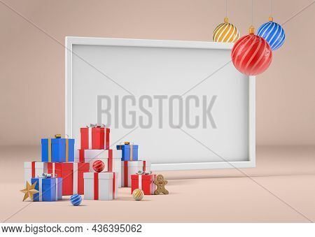 Christmas Gifts And Decorations With White Frame, Merry Christmas And Happy New Year Concept, 3d Ren