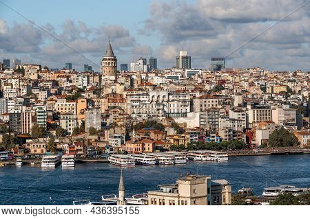 Istanbul, Turkey - October 12 ,2021: View From Suleymaniye Mosque To Galata District And Galata Towe