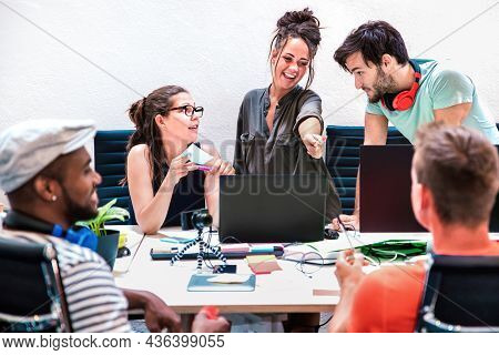 Millenial Friends Employees Group Workers On Computer At Startup Studio - Human Resource Business An