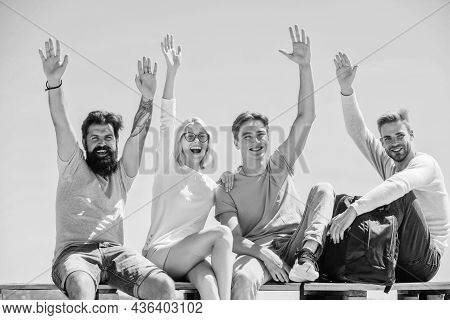 Hello There Concept. Young And Free. Success And Achievement. Cheerful People Communicating. Men Wom