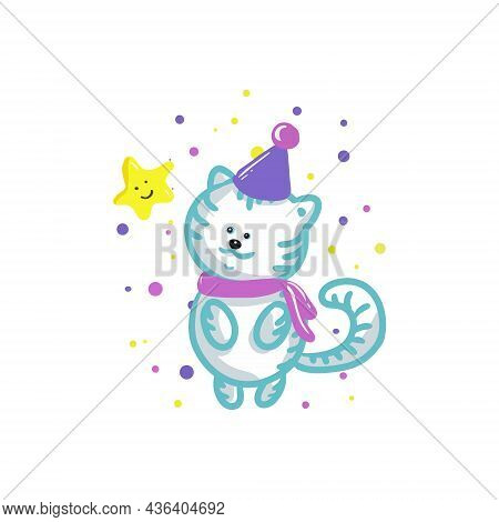Cute Cat And A Little Star On A White Background