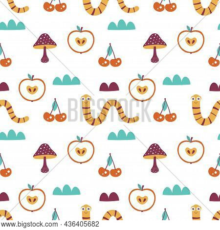 Seamless Mushrooms, Worms, Apples And Cheries Pattern Design, Creative Background Texture For Fabric