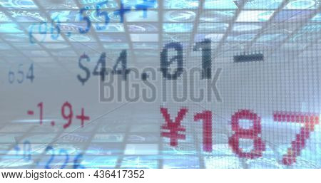 Digital image of stock market data processing against screens of digital icons. global finance and business concept.