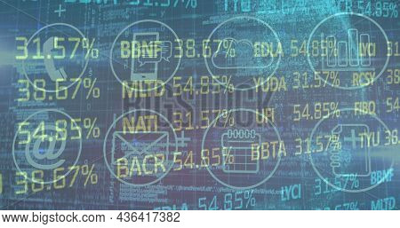 Digital image of stock market data processing against digital icons on blue background. global finance and business concept
